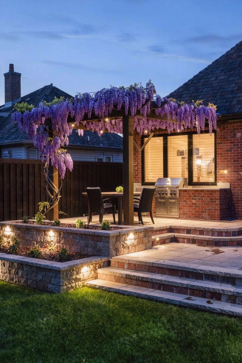 Evening view of a backyard brick patio under a wooden pergola covered in blooming purple wisteria, with table and chairs, grill, stone retaining wall with low lights, and steps to a lawn.