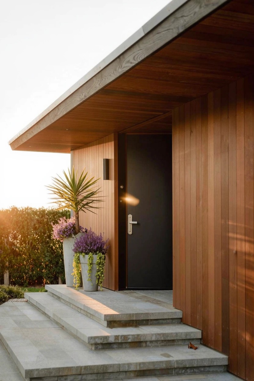 Modern wooden-clad house exterior featuring a black front door, stone steps, large white pots with purple flowers, a yellow pot with trailing plant, and a potted palm beside the entry.