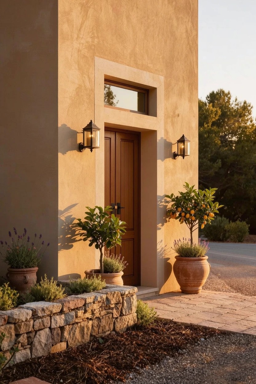 Beige stucco exterior wall with recessed brown wooden front door, flanked by wall lanterns and large terracotta pots holding small orange trees and lavender, plus a low stone wall and gravel path.