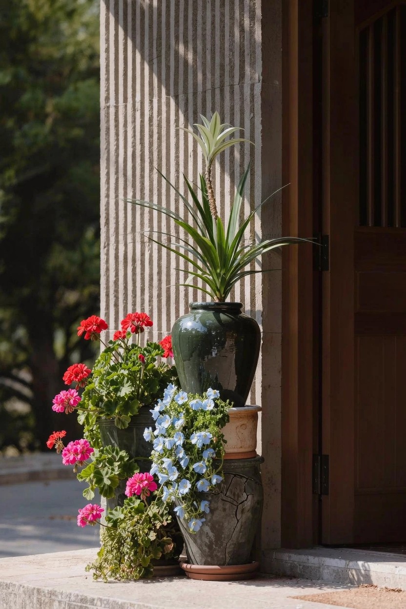Front door with stone columns and open wooden door, clustered with potted red geraniums, blue lobelia, and tall yucca plant in green and terracotta pots on stone steps.