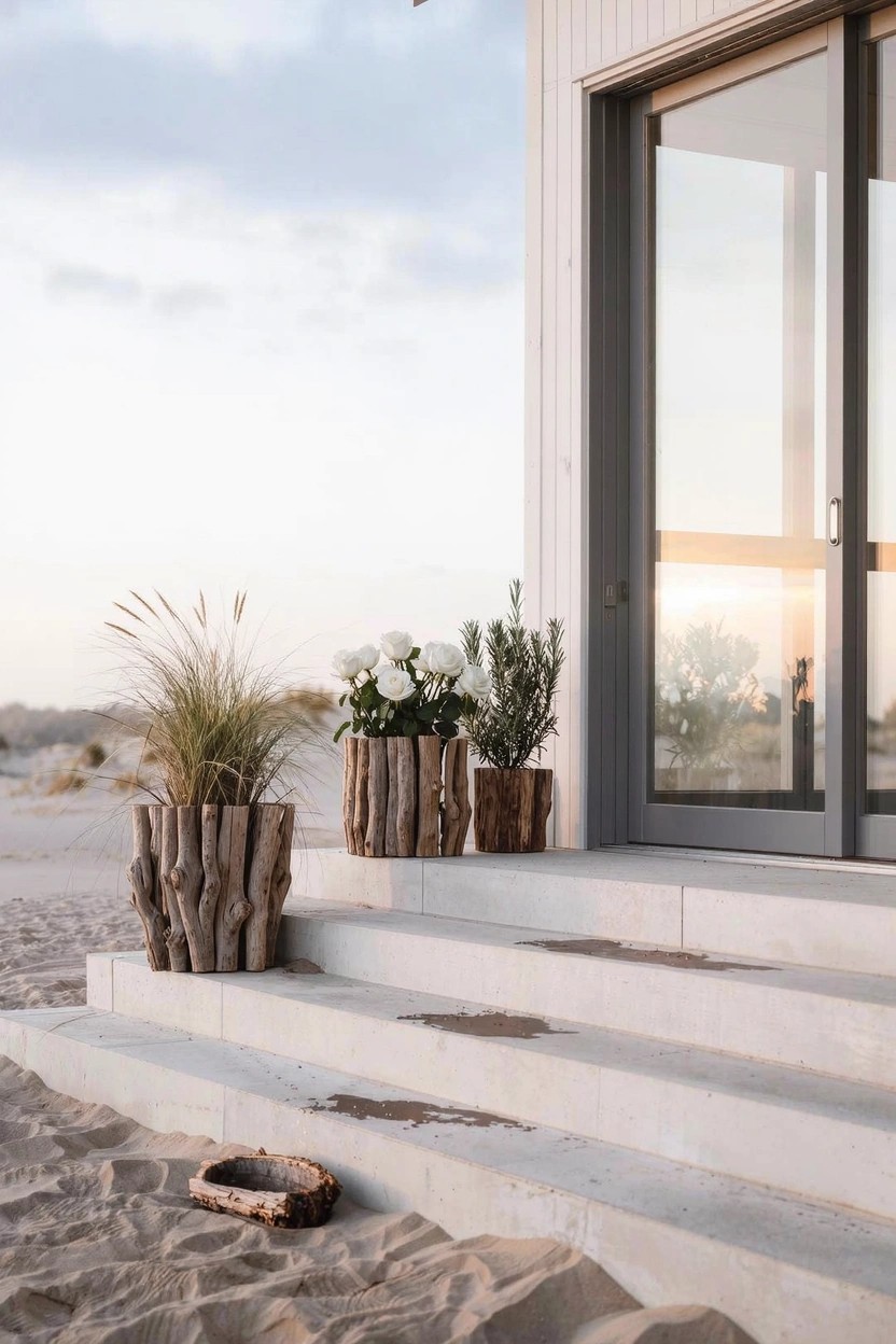 Modern house exterior with gray wood cladding and sliding glass door at top of concrete steps, surrounded by sand and driftwood planters containing tall grass, white flowers, and small shrubs.