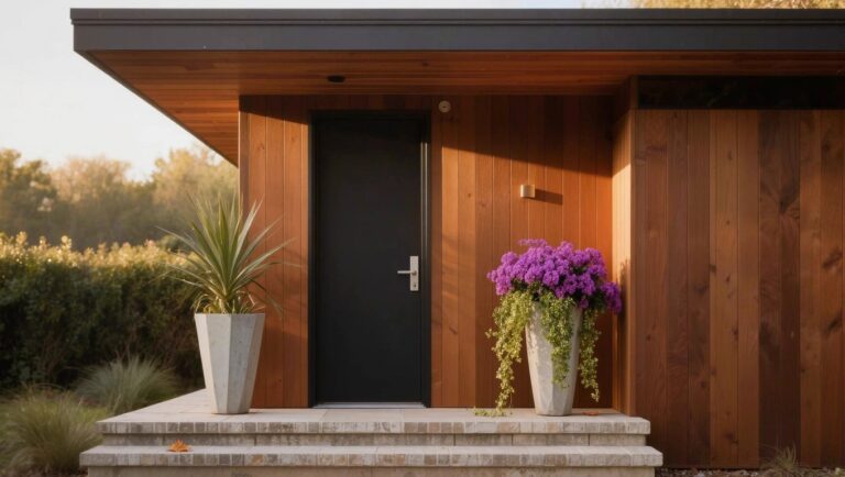 23 Modern Front Door Flower Pot Ideas For A Polished First Impression Modern wooden-clad house exterior featuring a black front door, stone steps, large white pots with purple flowers, a yellow pot with trailing plant, and a potted palm beside the entry.
