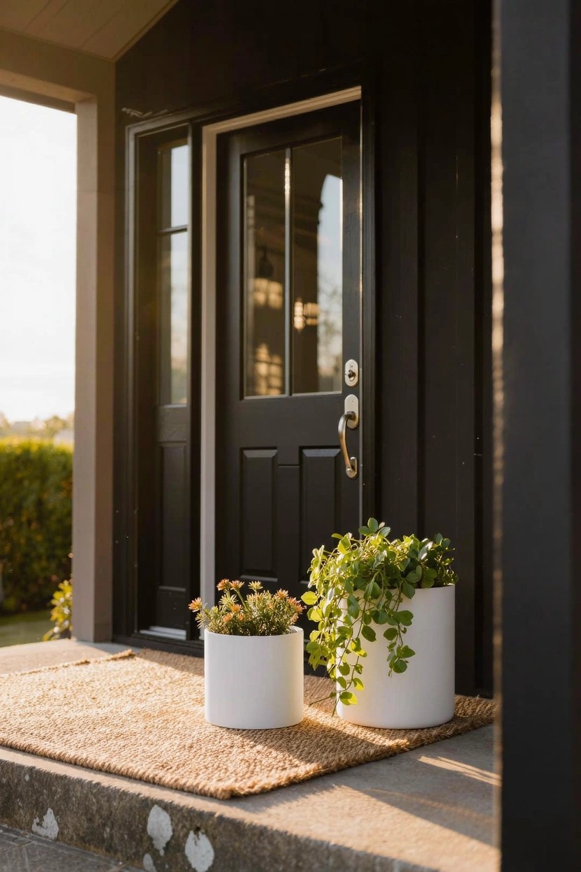 Black front door with glass panels flanked by two tall white cylinder pots with plants on a concrete stoop with seagrass mat.