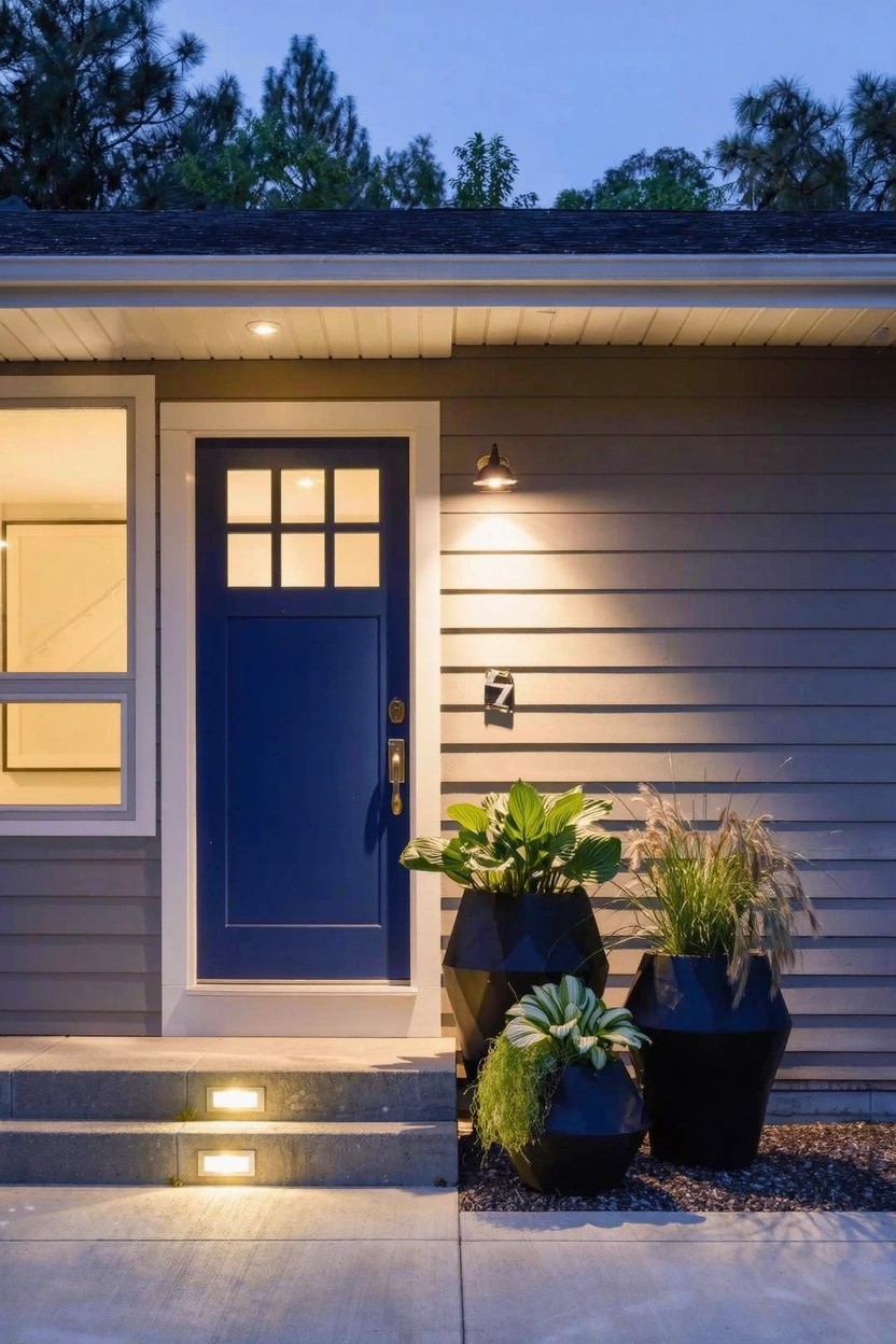 Gray house exterior with blue front door, concrete steps, wall-mounted light, step lights, and three large black geometric planters holding green foliage positioned near the entry at dusk.