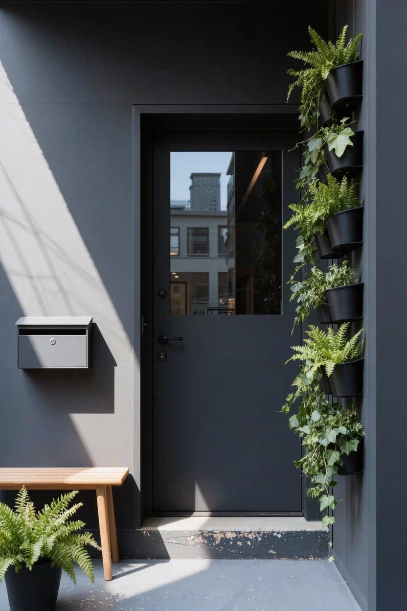 Gray front door with glass panel and handle, next to vertical black hanging planters with green trailing plants on the wall, wooden bench and potted ferns on the left, mailbox on the wall, concrete steps.