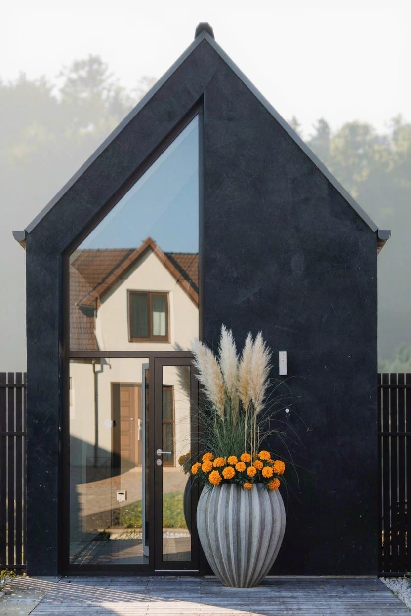 Modern black triangular structure with large glass front door on wooden deck, tall pampas grass beside door, large gray wavy pot of orange flowers, and black fence in background.