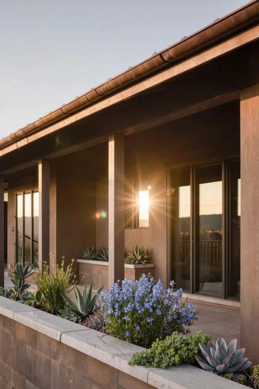 Modern beige stucco house exterior with covered porch, large glass doors, and low stone retaining wall planted with succulents and blue flowers in front.