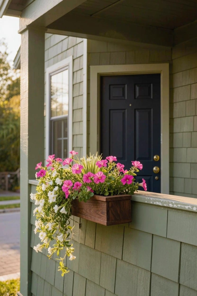 Sage green shingle house exterior with dark blue front door and wooden planter box on porch railing overflowing with pink flowers and trailing white vines.