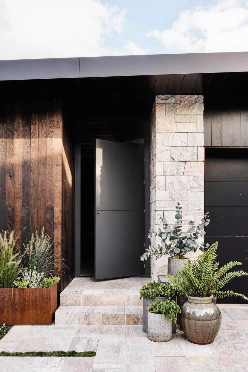 Modern house front with open black door on stone steps, wood siding on one side, stone pillar on the other, and large potted plants including grasses in a rectangular planter, eucalyptus, ferns, and others clustered on the landing and steps.