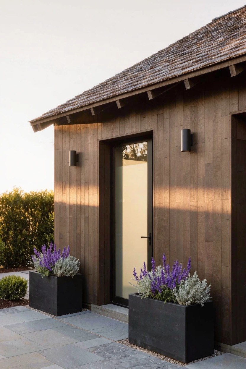 Wooden-clad building exterior featuring a frosted glass entry door flanked by two large black planters filled with lavender plants, black wall sconces, and a stone paver path.