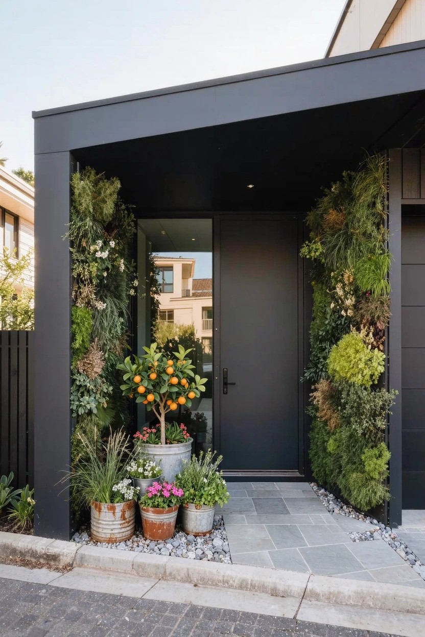 Modern home entry with black front door and adjacent dark garage door, flanked by tall vertical green plant walls, stone pathway, and potted plants including an orange tree in a metal container.