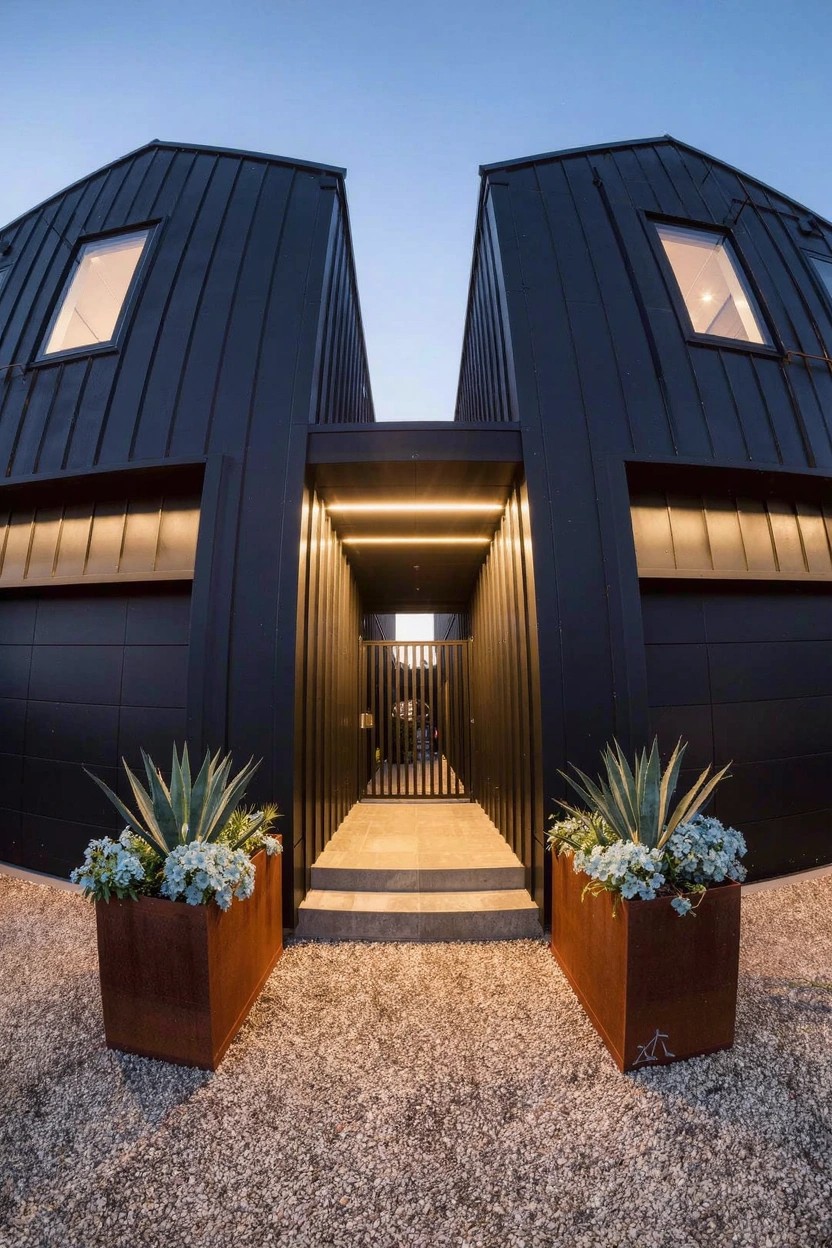Symmetrical black metal-clad modern house exterior with central recessed lit entry flanked by garage doors and large agave plants in tall rectangular metal planters on gravel driveway at dusk.