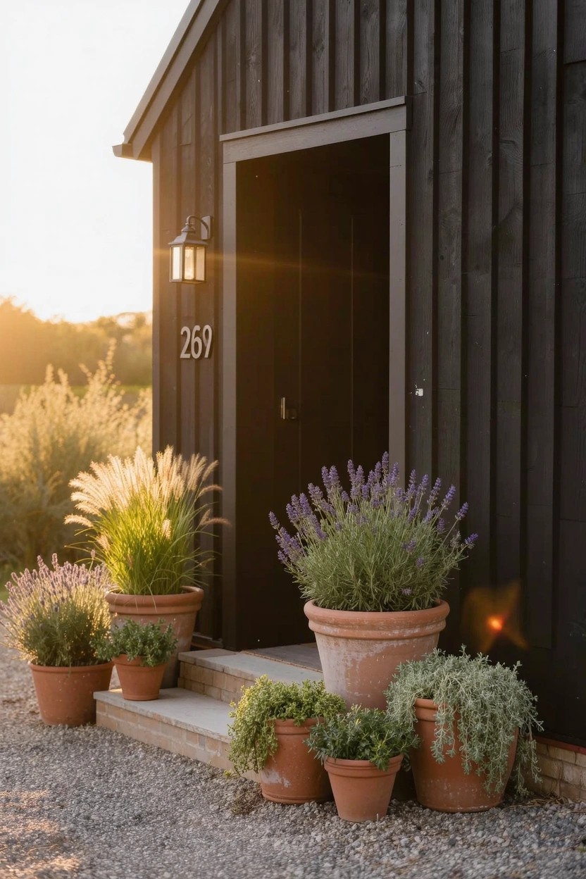 Black wooden house exterior with open front door numbered 267, lantern light above, and assorted terracotta pots filled with lavender, grasses, and other plants clustered on steps and gravel path at sunset.