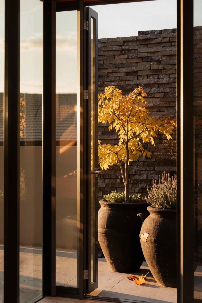 Open modern glass folding doors leading to an outdoor terrace with dark stone walls, flanked by two large terracotta pots holding a small yellow tree and lavender plants.