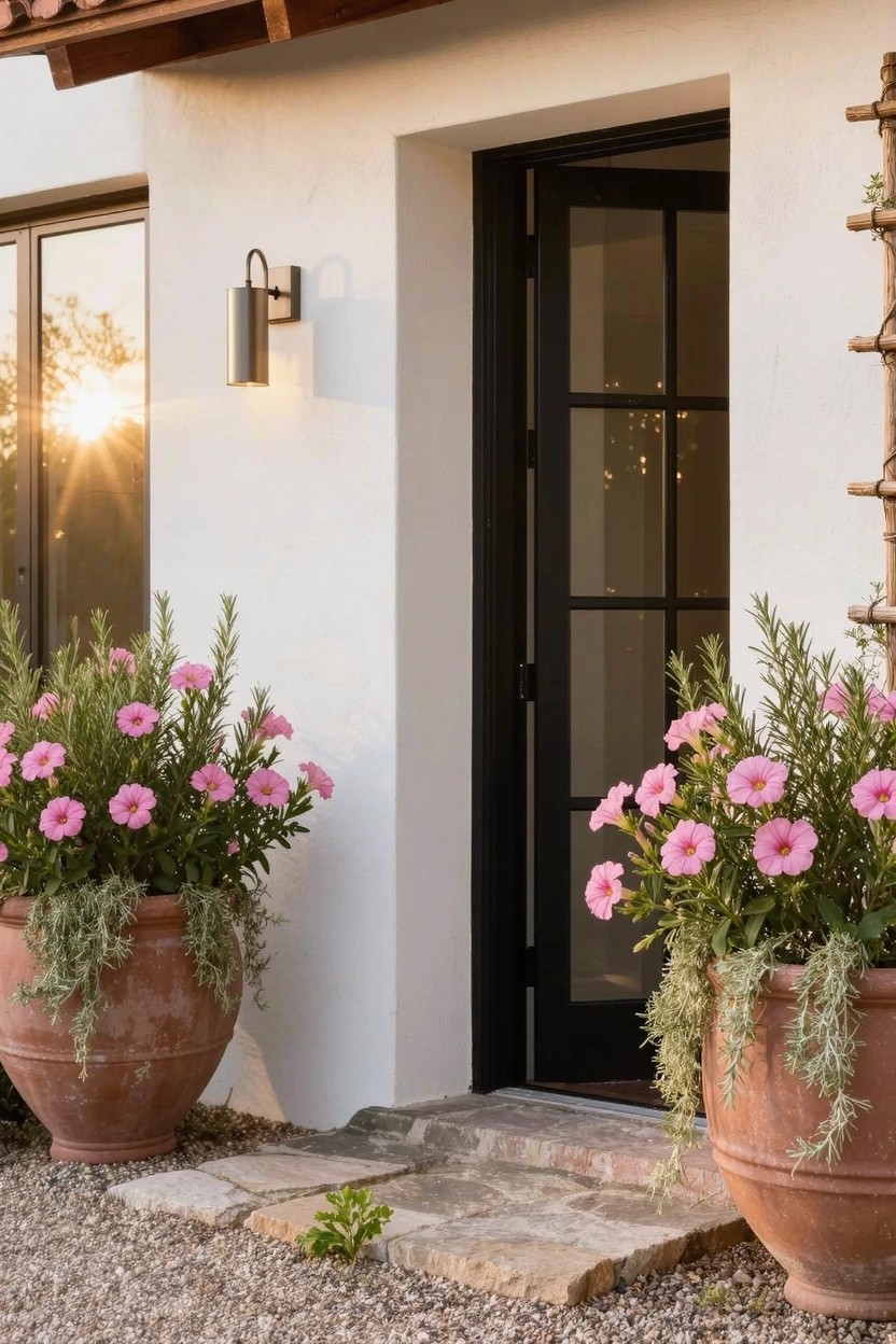White stucco house exterior with black-framed glass front door flanked by two large terracotta pots of pink flowering rosemary on gravel ground with stone step.