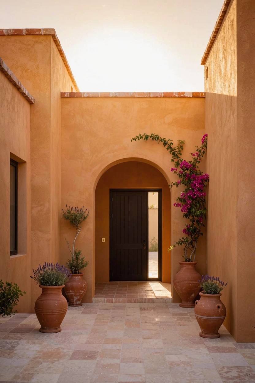 Terracotta-colored stucco walls form an arched entry to a dark wooden door, flanked by large terracotta pots with lavender plants, bougainvillea climbing one wall, and potted greenery on a tiled pathway.