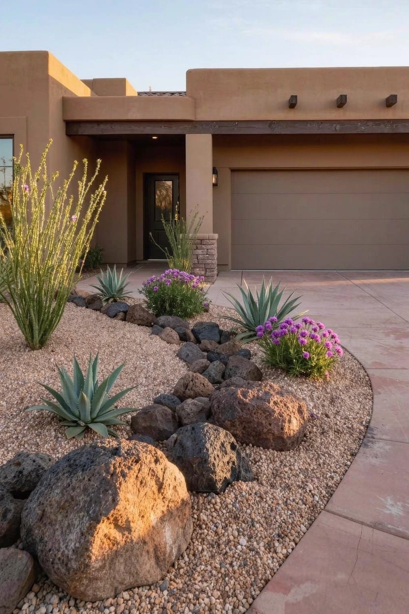 Tan adobe-style house with garage and entry door, front yard rock garden of gravel, large boulders, agave plants, ocotillo, purple flowers, and a curving dry riverbed of pebbles beside the driveway.