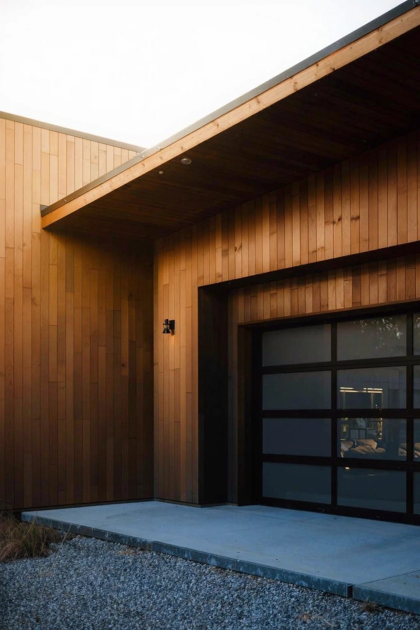 Wood-clad modern house exterior corner featuring vertical cedar panels, a large frosted glass garage door, and gravel with small rocks at the base.