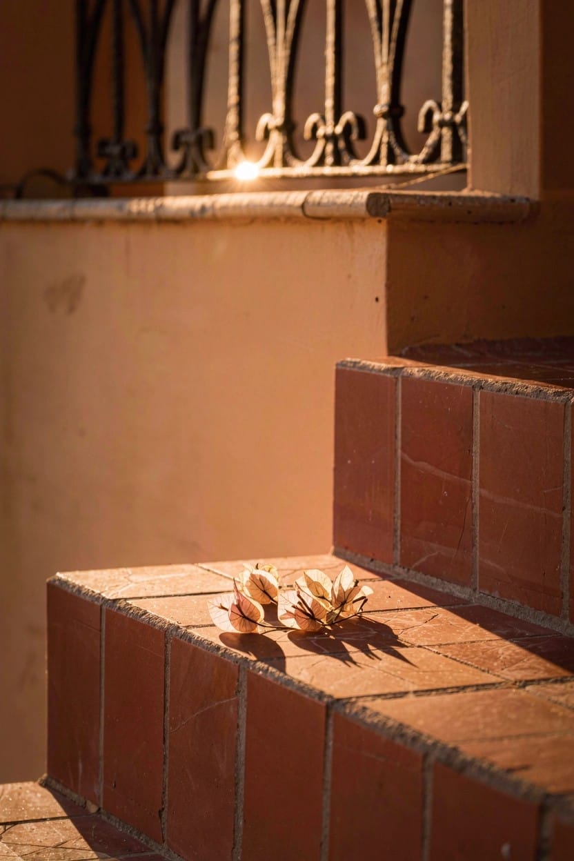 Two dried golden-brown lotus seed pods placed on terracotta brick steps beside ornate wrought iron railing in warm sunlight.