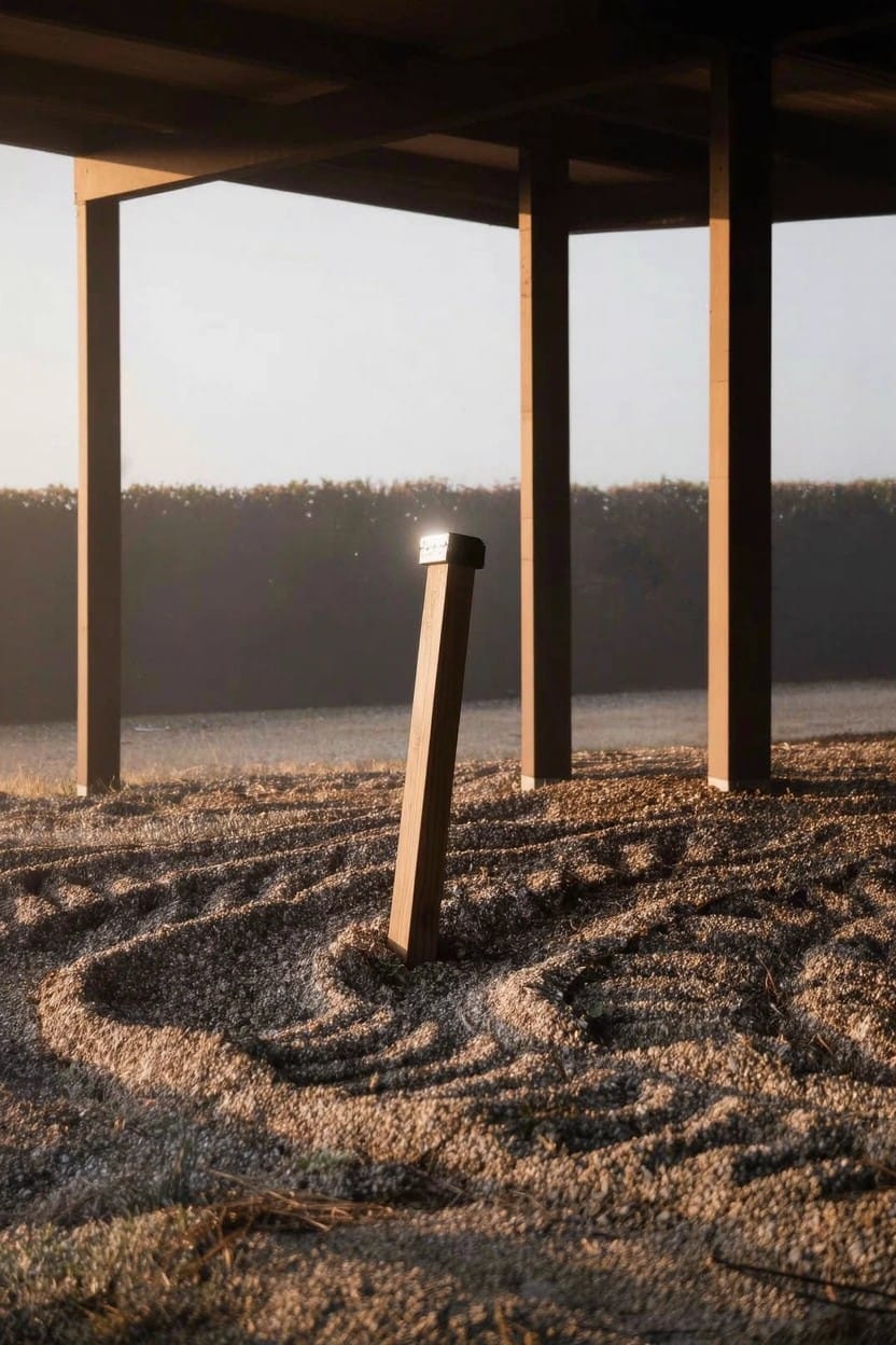 Metal-capped wooden post centered in raked gravel patterns on sandy ground under house pilings, with hedge in background.