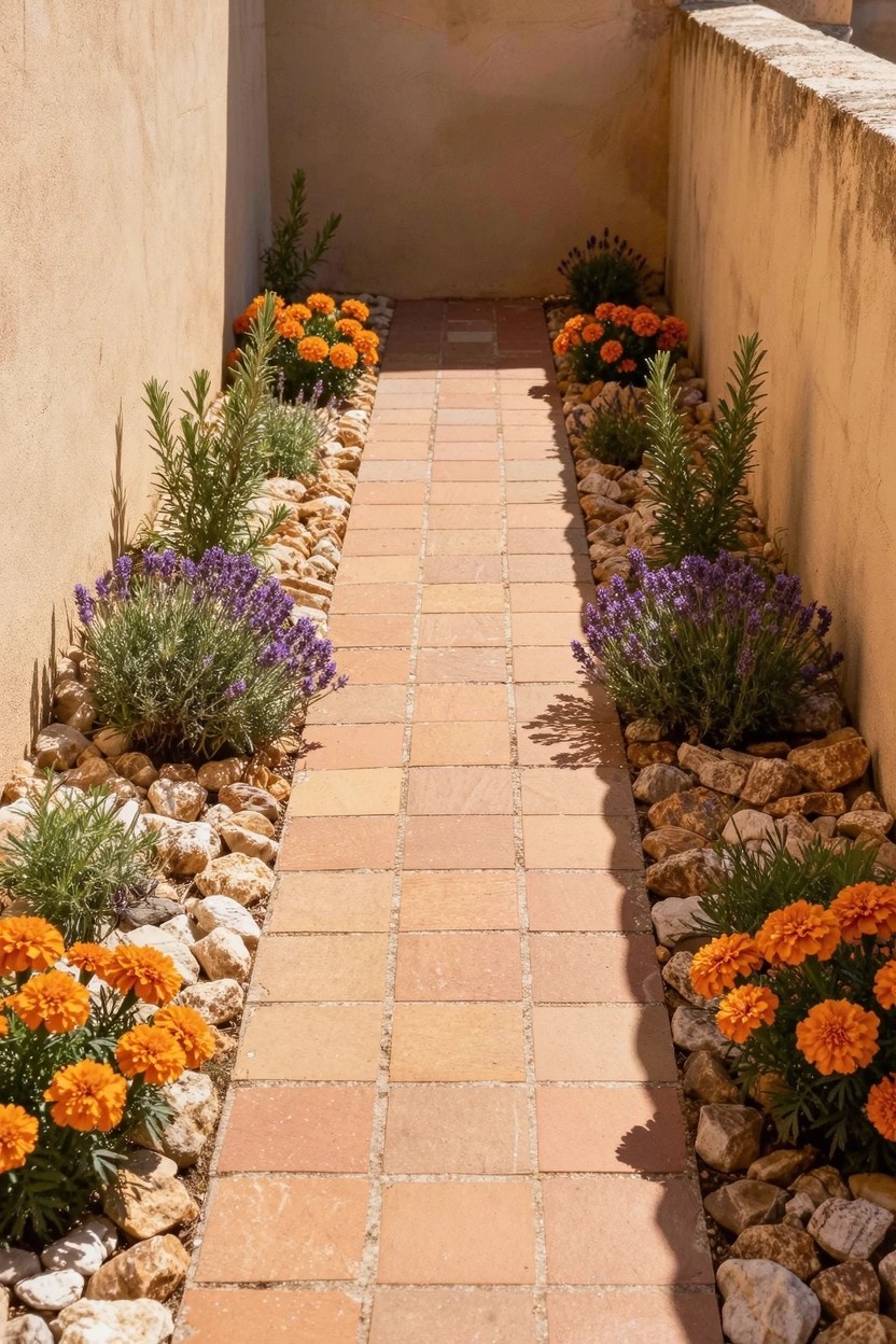 Narrow terracotta brick pathway between beige stucco walls, bordered by gravel beds with lavender, rosemary, and orange marigold plants.