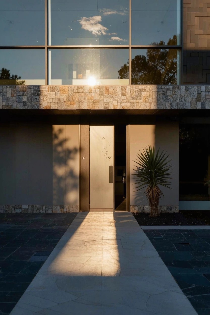 Modern house front with gray entry door, tall palm plant beside it in a mulched bed, stone slab pathway, upper stone cladding, and large glass windows reflecting sunset light.