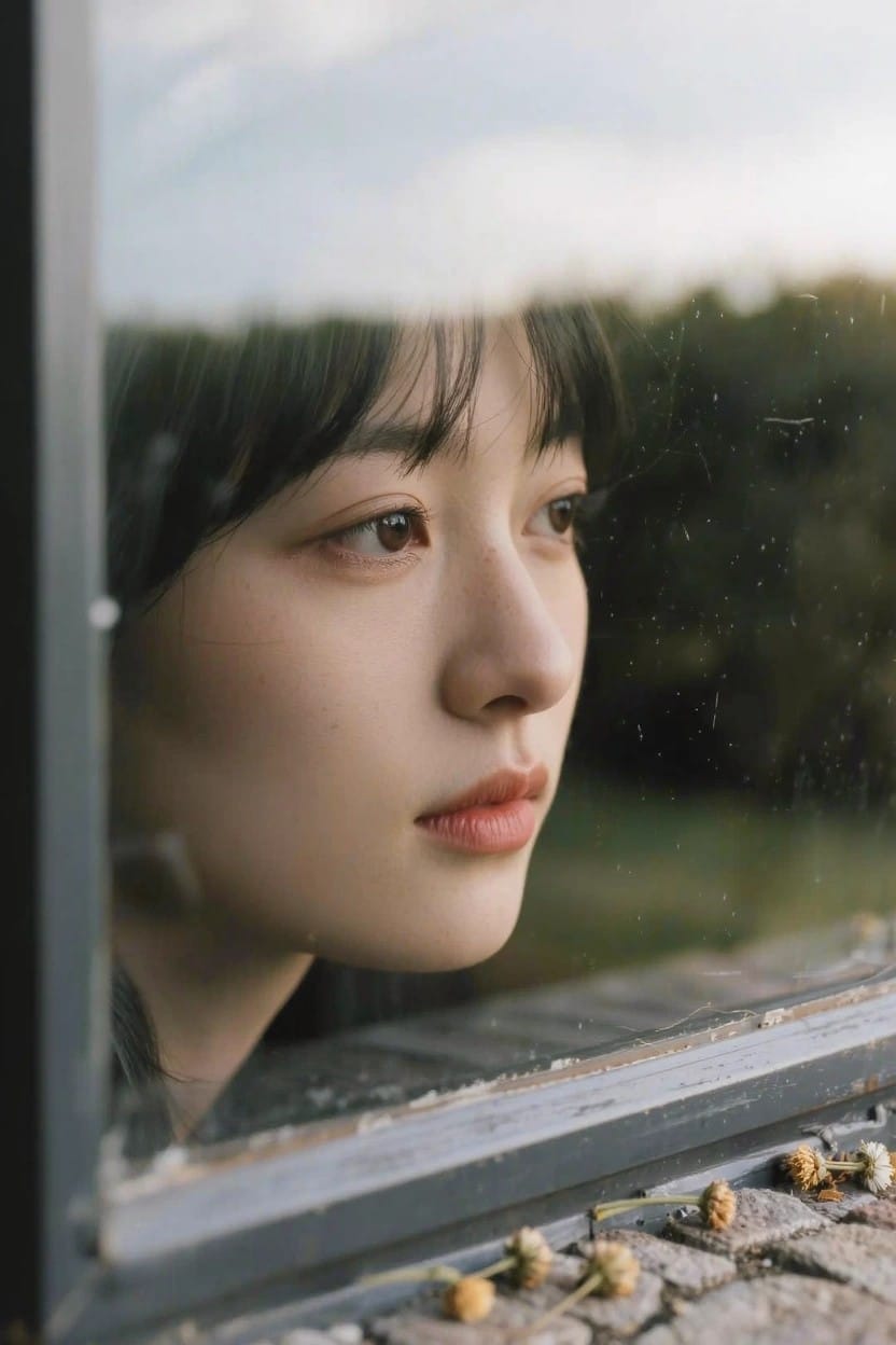 Close-up of a house window framed in dark material, showing a woman looking outward through streaked glass, with bushes and greenery outside and small rocks topped with dried yellow flowers along the stone sill below.