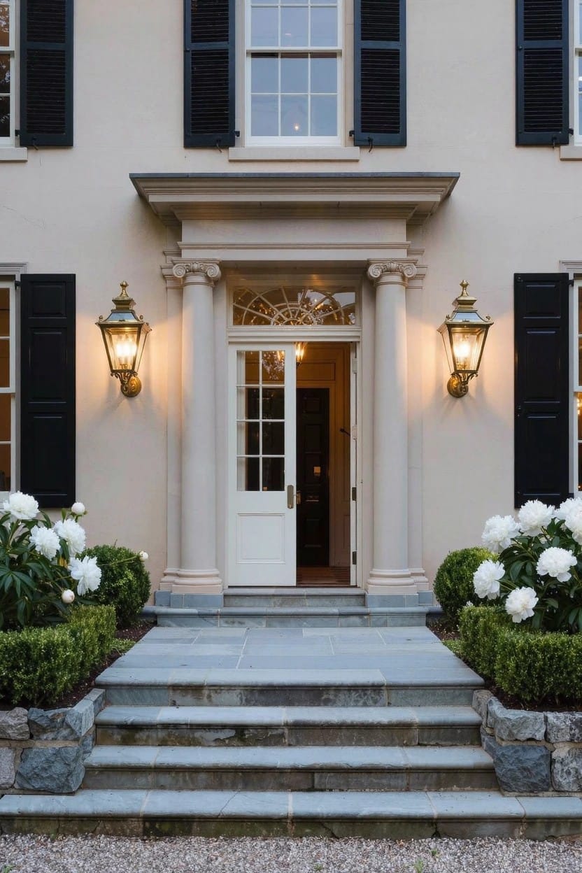 Beige colonial-style house with black shutters and columned front porch, stone steps leading to white double doors, flanked by rock-edged beds of white hydrangeas and boxwood shrubs.