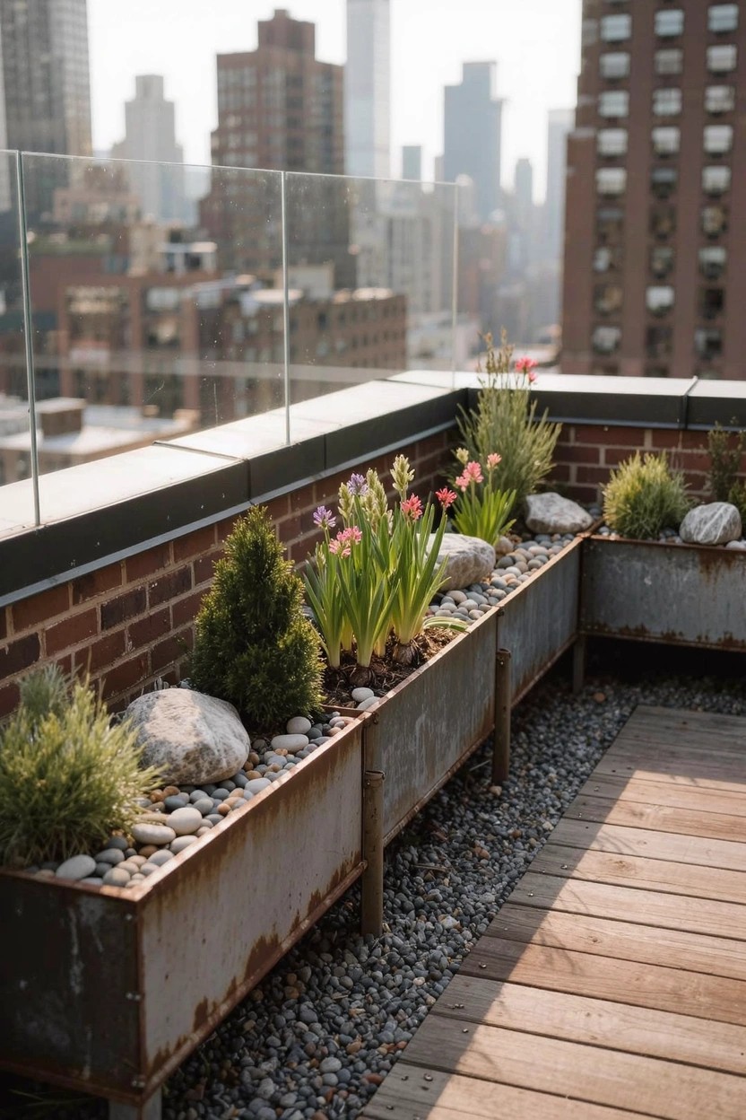 Rooftop deck with angled rusty metal trough planters filled with gravel, rocks, grasses, succulents, and flowers next to a brick wall, glass railing, and city skyline.