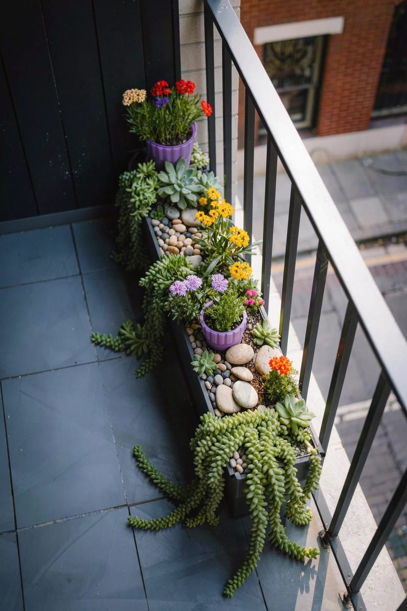 Long rectangular planter on a dark-tiled balcony filled with small rocks and succulents including trailing varieties, next to colorful potted flowers against a black railing.