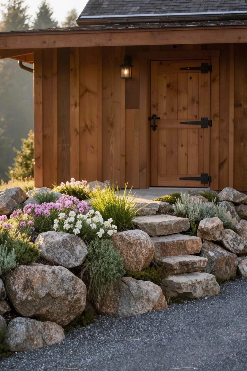 Wooden cabin entry door with dark wood and lantern, reached by irregular steps and retaining walls built from large stacked natural rocks planted with pink flowers, white blooms, grasses, and succulents beside a gravel driveway.