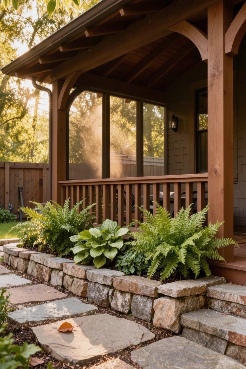 Screened wooden porch with brown timber framing and railing, adjacent to a low dry-stacked stone retaining wall planter filled with ferns, hostas, and other green plants, beside a stone paver pathway.