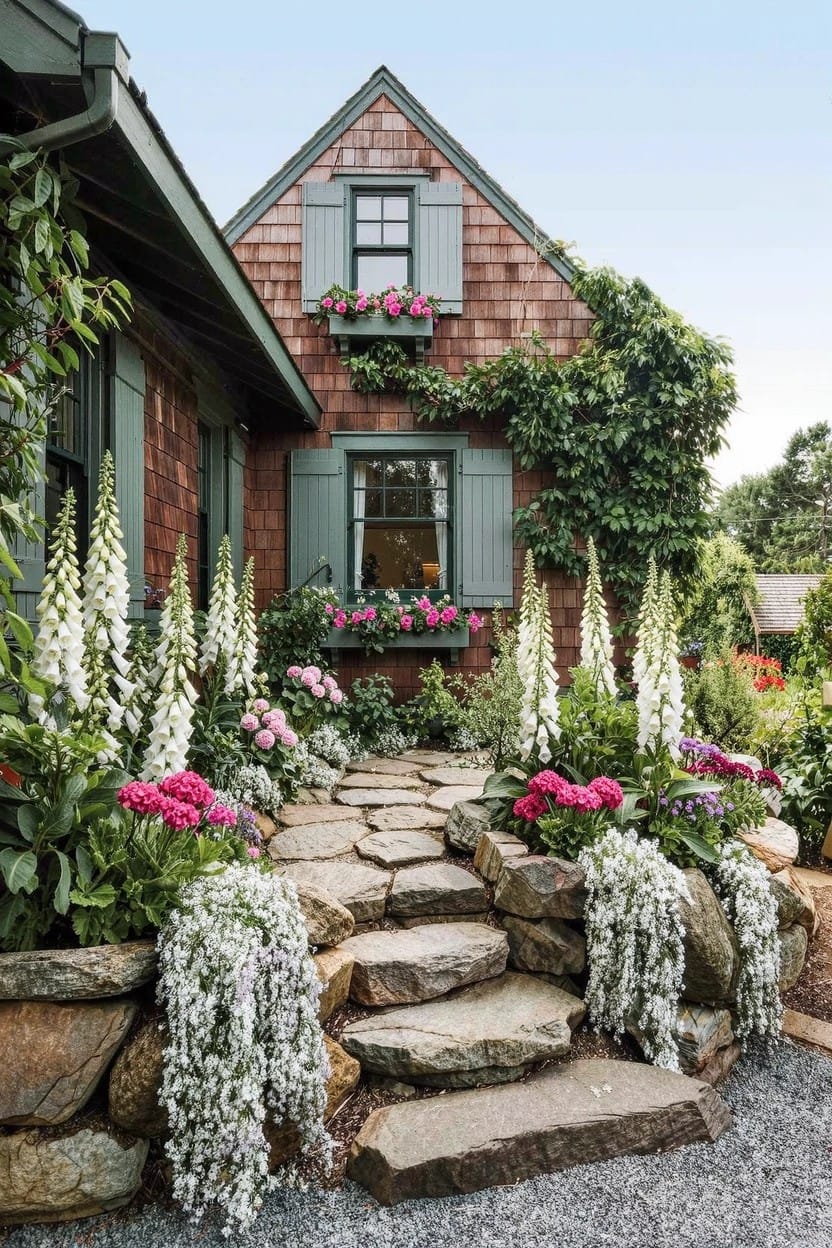 Shingle house with green shutters and flower boxes approached by irregular stone steps edged and covered with white cascading flowers, pink blooms, and tall white foxgloves.