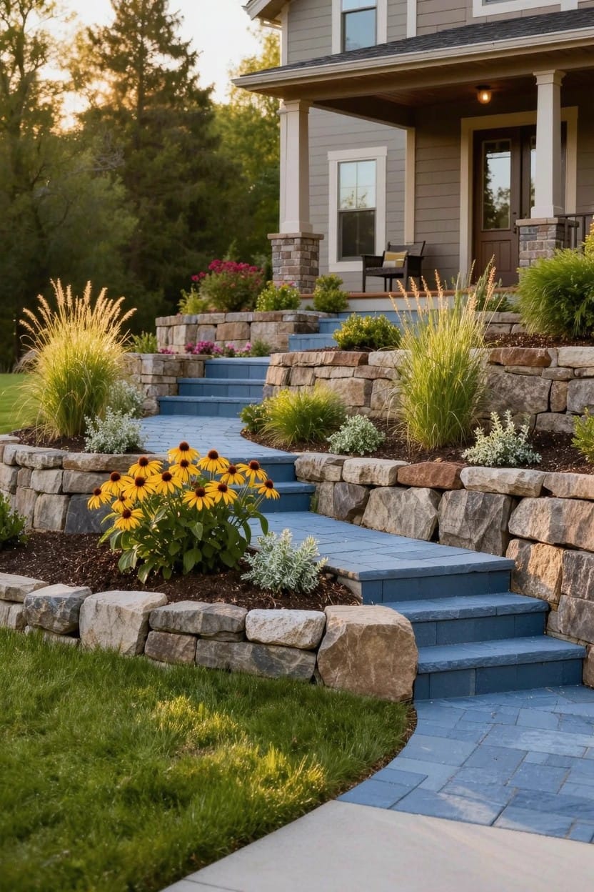 Gray house with stone foundation and porch approached by blue stone steps integrated into tiered rock retaining walls planted with flowers, grasses, and shrubs on a sloped yard.