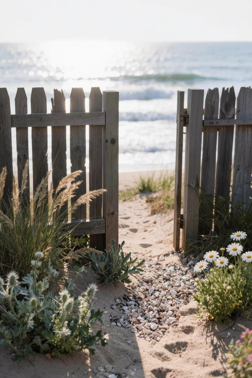 Open weathered wooden picket fence gate on a sandy path to the beach, edged with beach grasses, daisies, succulents, and pebbles, ocean waves in the background.
