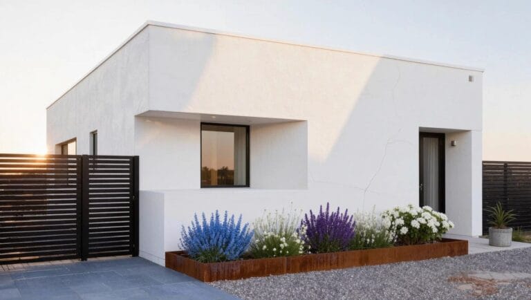 Mint green house with white porch, picket fence, and dense flower beds of pink and red roses along the fence line beside a brick pathway to the entry steps.