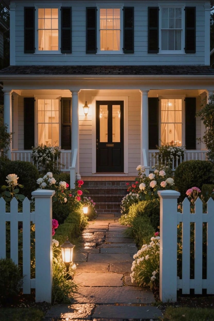 Hanging green fabric-lined planter overflowing with ferns, pink flowers, and trailing ivy on a rusted metal bracket attached to a brick wall next to black wrought iron fencing and concrete steps.