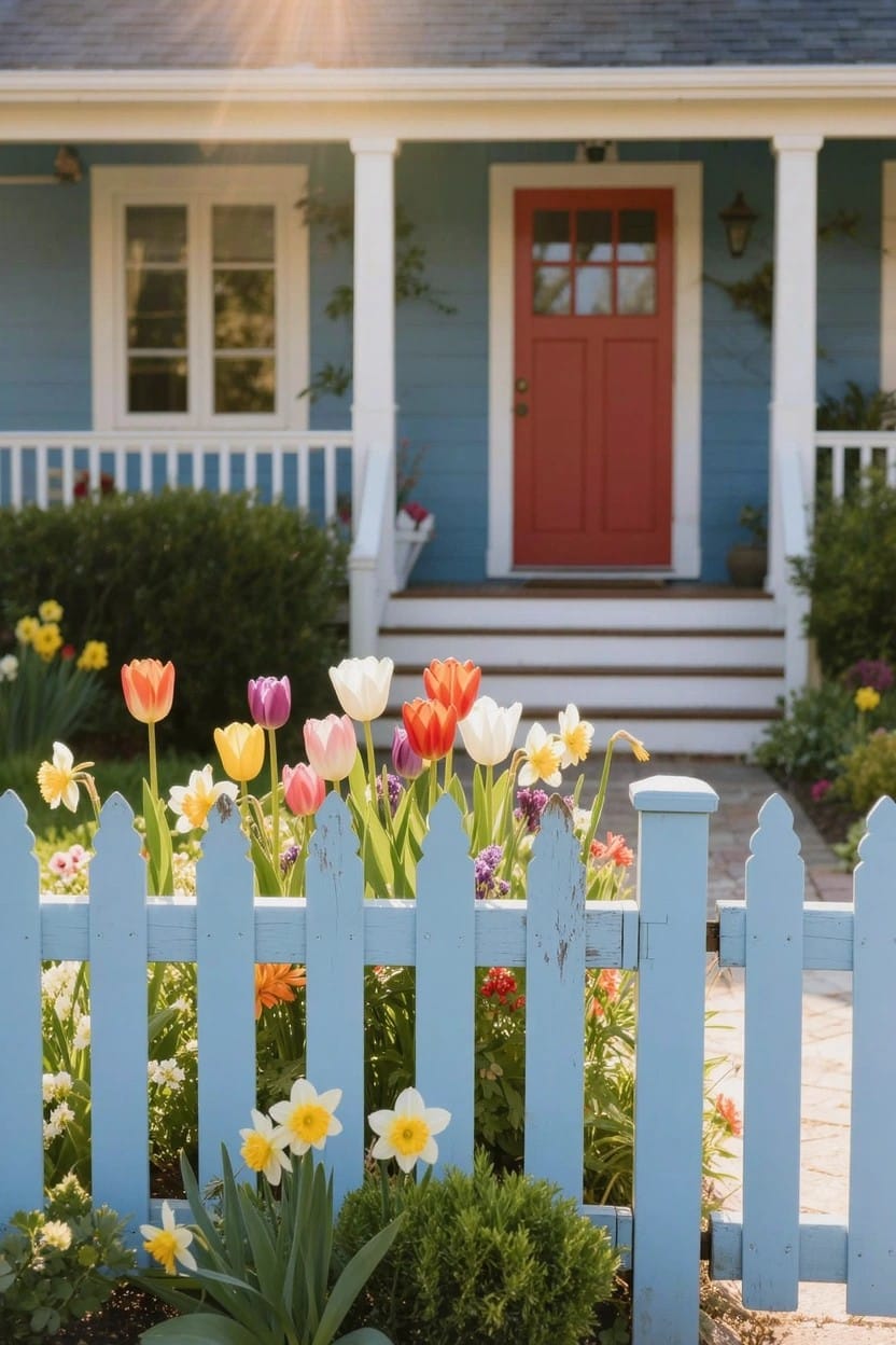 Blue house with red front door, white porch, and railing along with white picket fence lined by dense colorful tulips, daffodils, and other spring flowers.