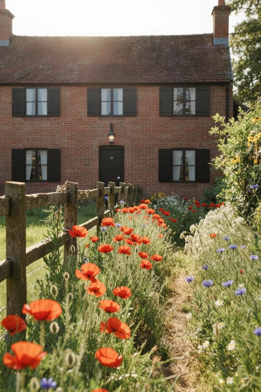 Red brick house with black shutters and front door behind a wooden fence lined with red poppies, blue flowers, and green plants along a dirt path.