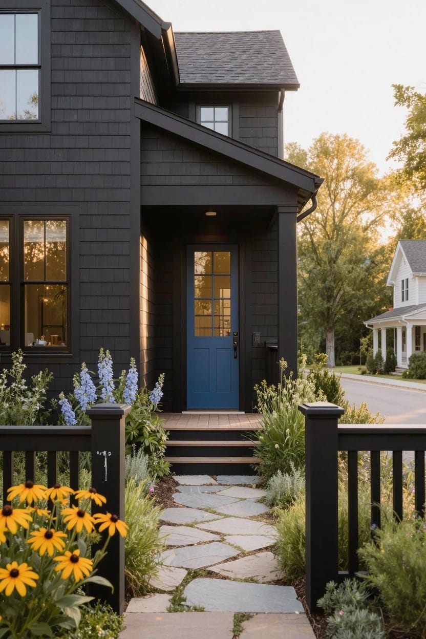 Black shingled house with blue front door and glass panels, front porch steps leading to stone slab pathway through flower beds along black fence with white posts, featuring blue upright flowers, yellow daisies, and green shrubs.