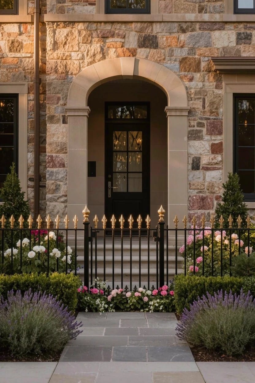 Stone house facade with arched entry, black door on stone steps, wrought iron fence, and flower beds of hydrangeas, roses, lavender, and boxwood along a stone path.