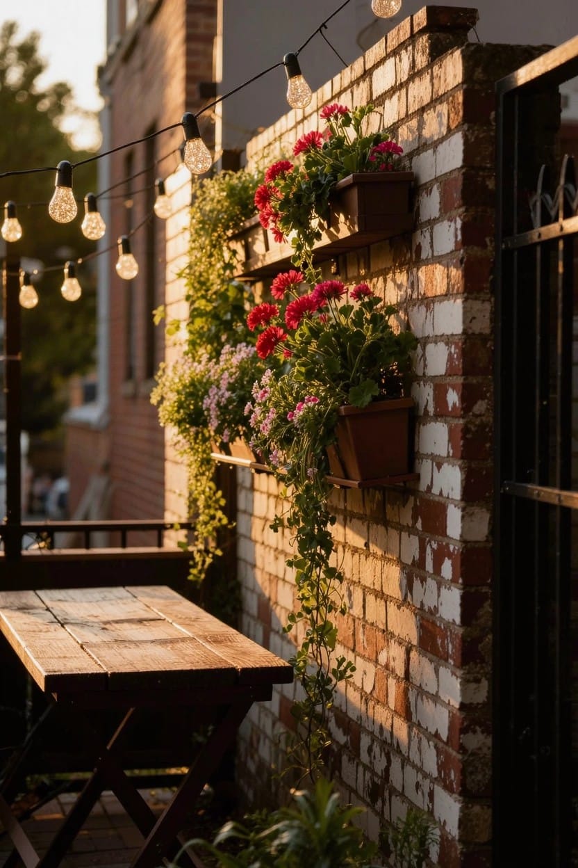 Wooden flower boxes mounted on a brick wall above a balcony with a picnic table and benches, filled with red and pink blooming flowers and trailing plants, string lights overhead in evening light.