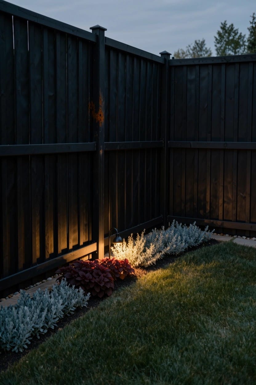 Dark wooden privacy fence corner at dusk with a narrow flower bed of red-leafed and silvery plants at its base, lit by a ground spotlight on adjacent grass.