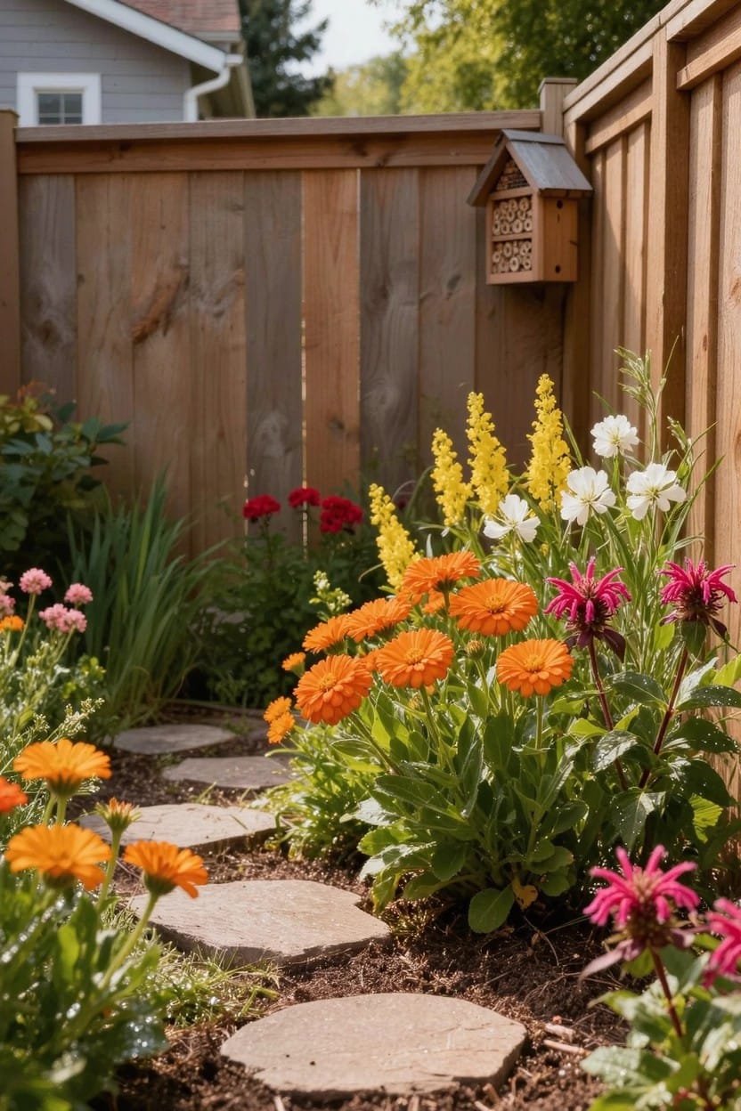Wooden fence line with a narrow flower bed of orange daisies, yellow snapdragons, white and pink flowers, and a curving stone stepping path through the plants.