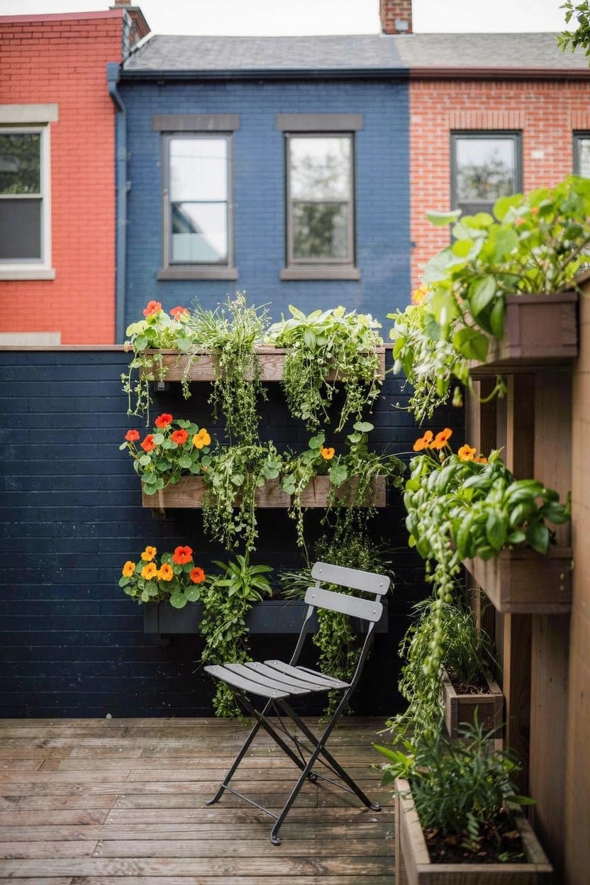 Wooden deck with a gray folding chair in front of tiered wooden planters overflowing with orange flowers, green herbs, and trailing vines mounted on a dark blue brick wall, next to brick and blue row houses.