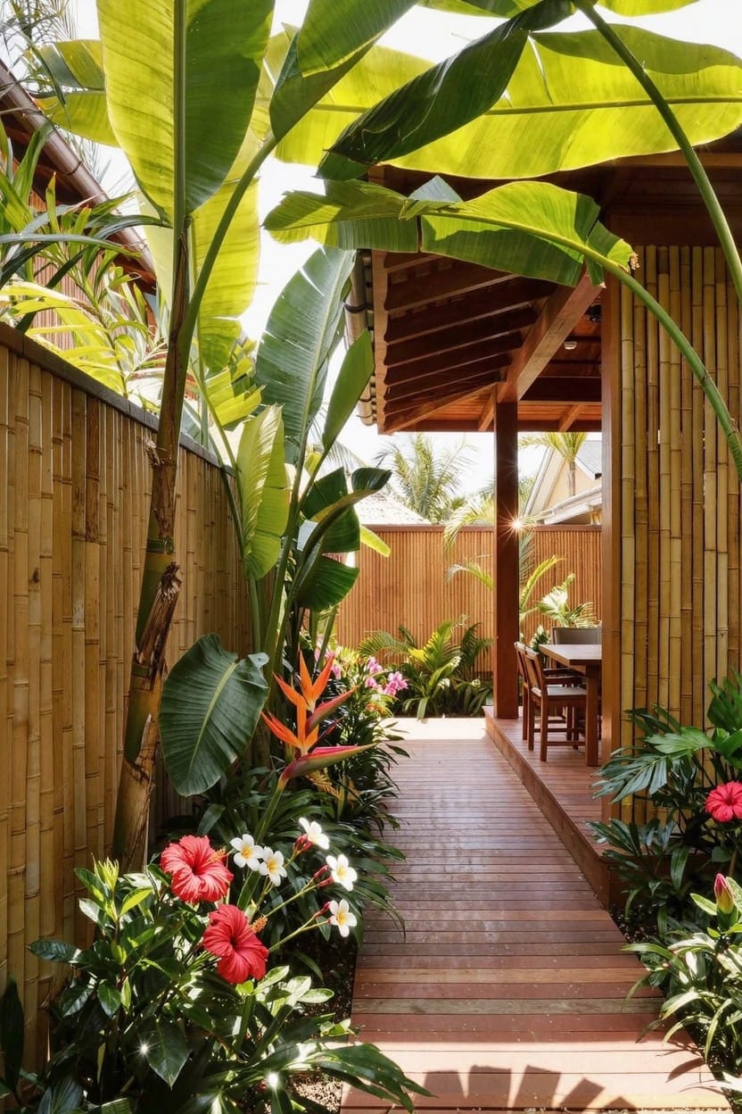 Wooden deck path lined with tropical plants and colorful flowers between tall bamboo fences leading to a covered porch with chairs and table.