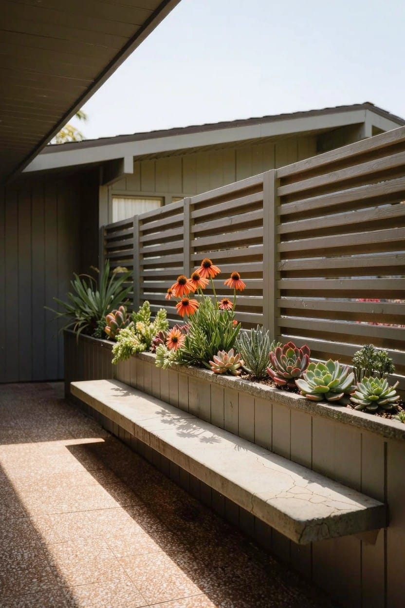 Slatted gray wooden fence with a long raised concrete planter box overflowing with succulents, agave plants, and orange daisy flowers, beside a concrete bench on a sunny patio.