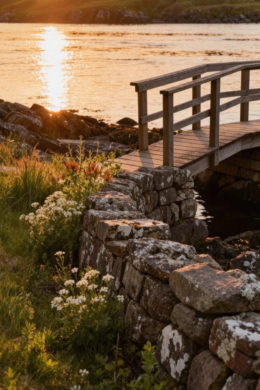 Wooden footbridge spans calm water beside a low stone wall edged with white wildflowers, grass, and rocks at sunset.