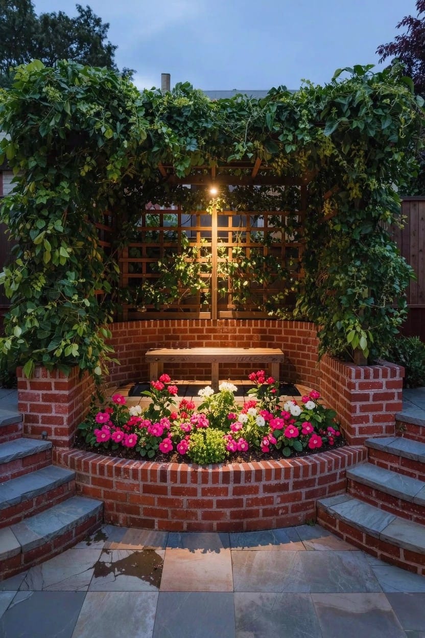 Curved brick arbor structure with wooden trellis covered in green vines, a bench inside, pink and white flowers in surrounding beds, overhead lighting, and stone steps in a garden at dusk.