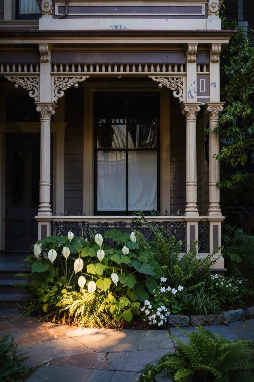 Ornate Victorian porch with beige columns and a dark window above a shady front flower bed filled with tall white calla lilies, broad-leafed plants, ferns, and small white flowers beside a stone pathway.